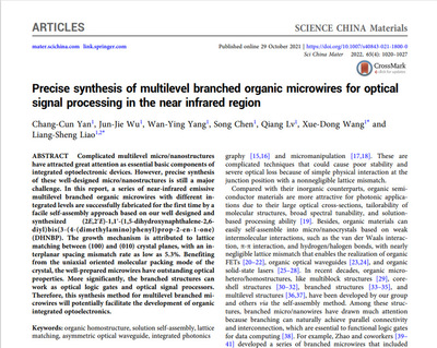 Precise synthesis of multilevel branched organic microwires for optical signal processing in the near infrared region 《Science China Materials 》.png